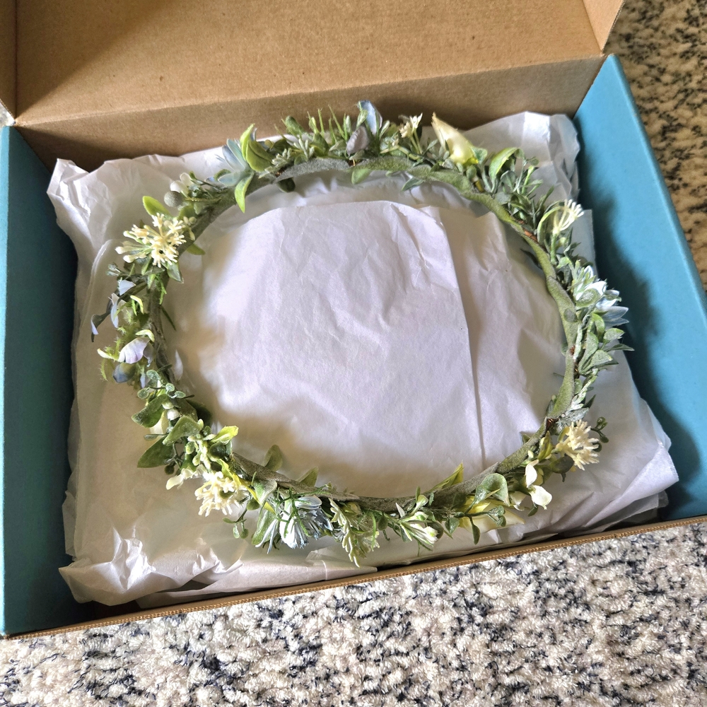 one of a kind, handmade silk flower crown, sage green, light blue & ivory